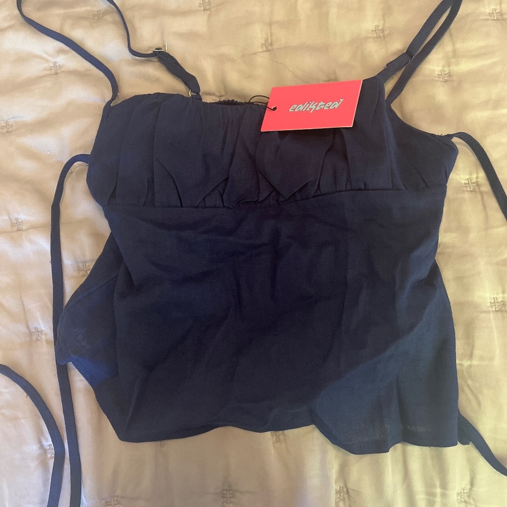 Edikted Navy Linen Look Open Back Top